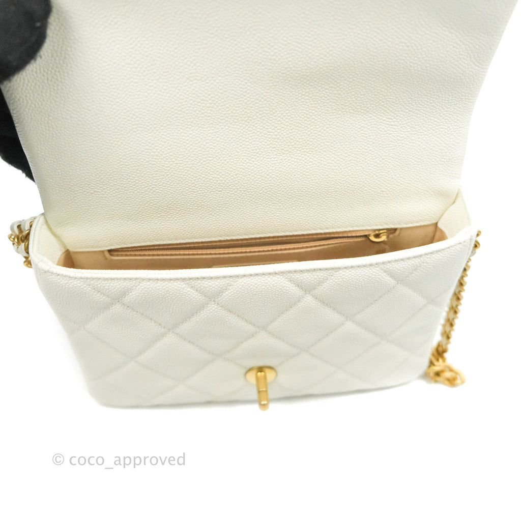 Chanel Small Quilted Melody Flap White Caviar Aged Gold Hardware 22P
