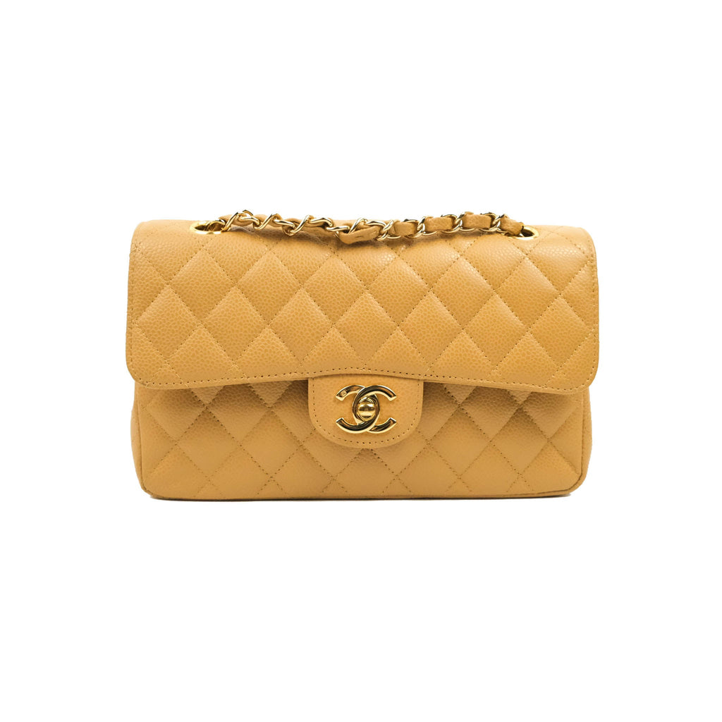 Chanel S/M Small Classic Quilted Flap Dark Beige Caviar 24K Gold Hardware