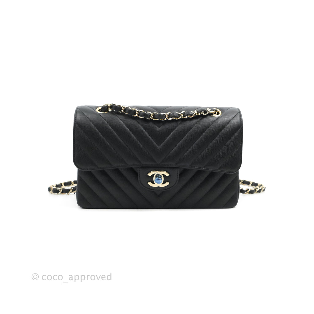 Chanel Classic Chevron S/M Small Double Flap Black Caviar Gold Hardware