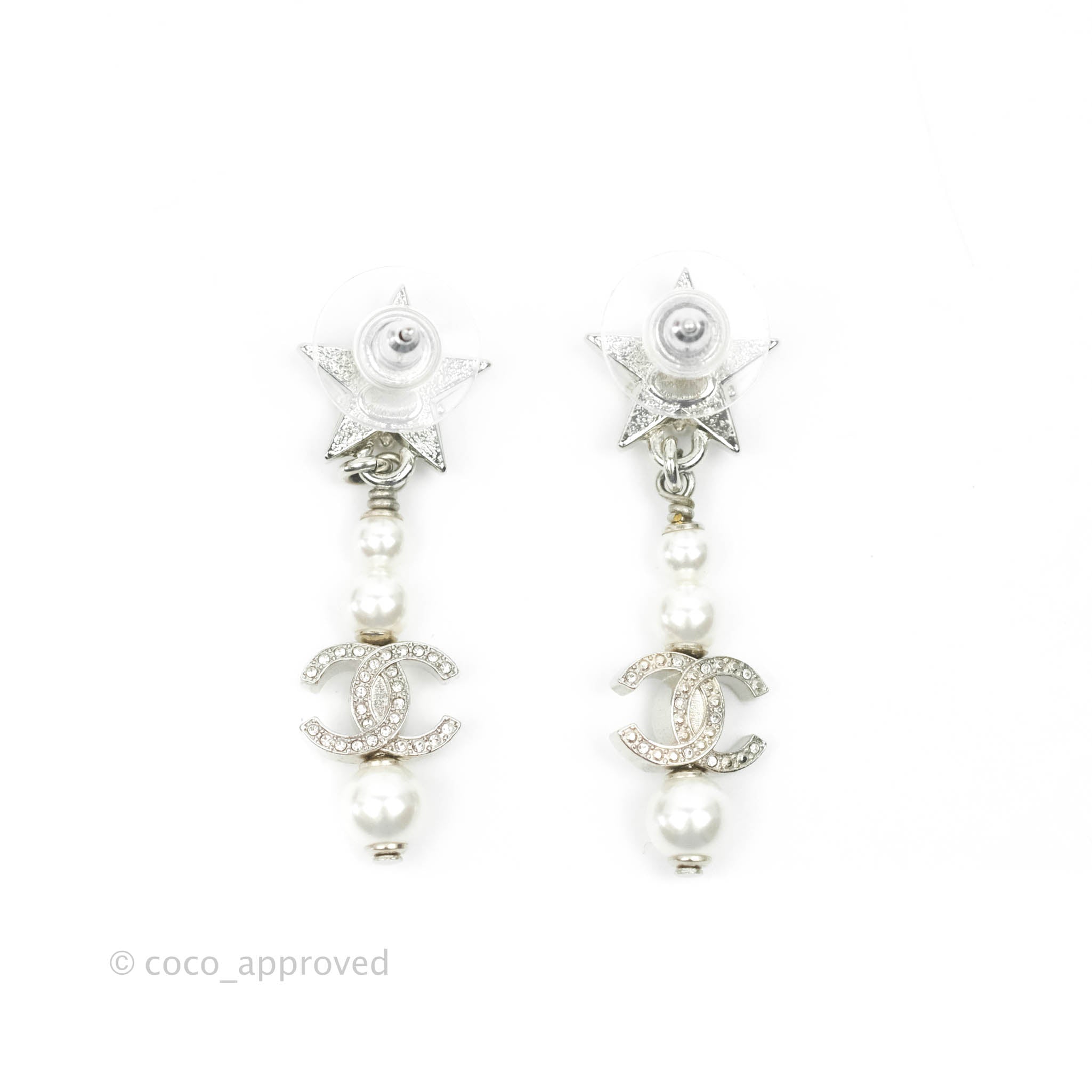 Chanel Crystal Pearl CC Star Drop Earrings Silver 20P – Coco
