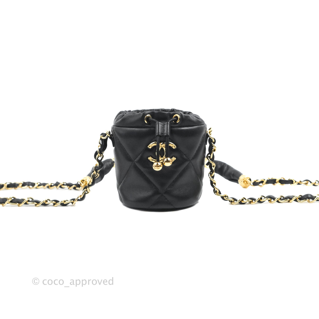 Chanel Mini Bucket Bag with Fluffy Chain Black Lambskin Gold Hardware