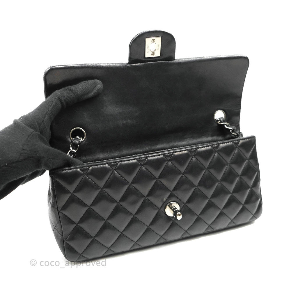 Chanel Quilted East West Flap Bag Black Lambskin Silver Hardware
