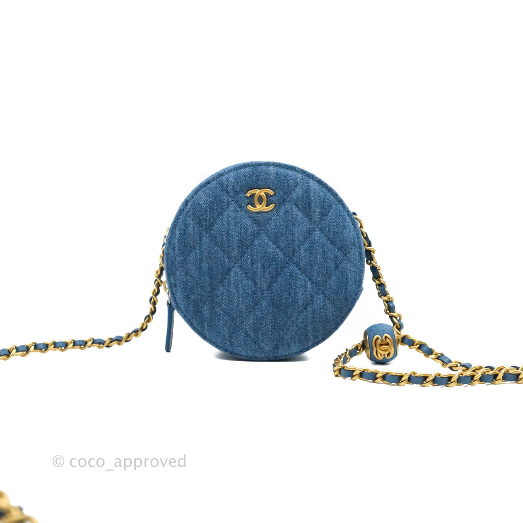 Chanel Quilted Pearl Crush Round Clutch With Chain Denim Aged Gold Hardware