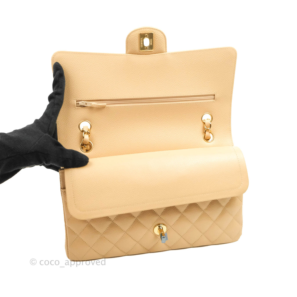 Chanel Classic M/L Medium Flap Quilted Beige Caviar Gold Hardware