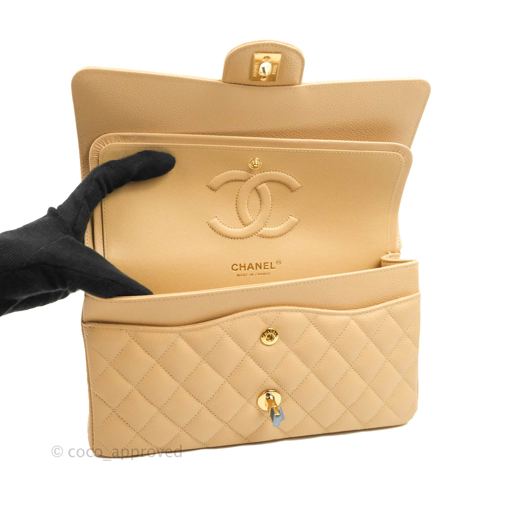 Chanel Classic M/L Medium Flap Quilted Beige Caviar Gold Hardware