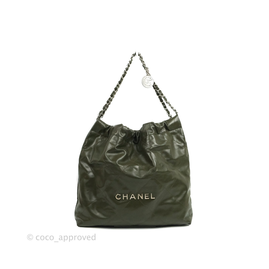 Chanel 22 Small Army Green Shiny Calfskin Ruthenium Hardware