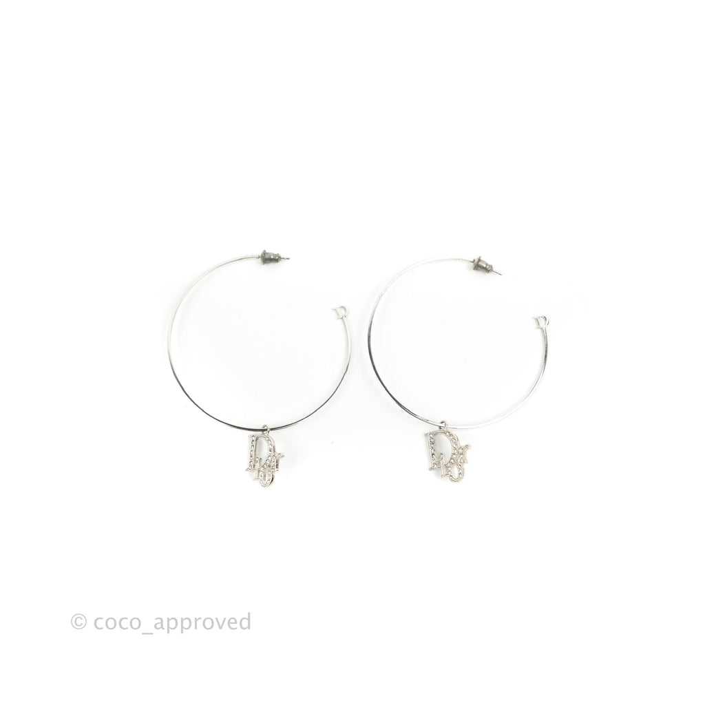Dior Crystal Logo Hoop Earrings Silver Tone