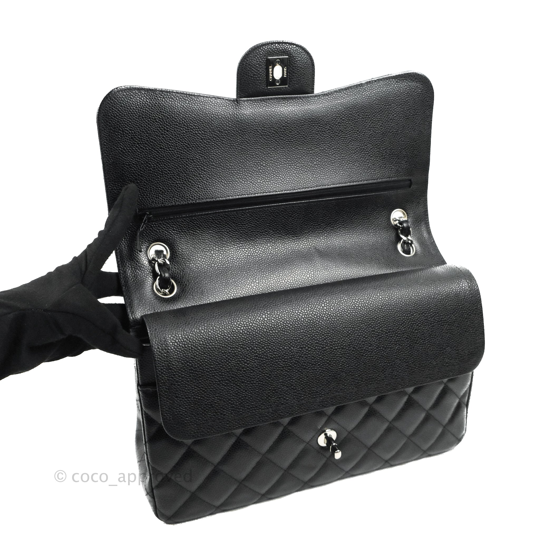 Chanel Jumbo Easy Flap Bag Black Caviar Ruthenium Hardware – Coco