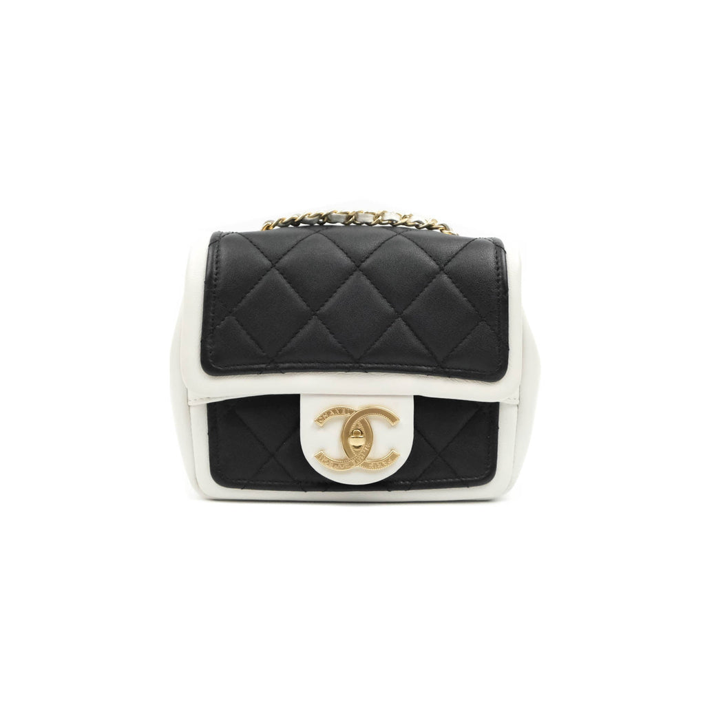 Chanel Lambskin Quilted Graphic Mini Flap Bag Black White Gold Hardware