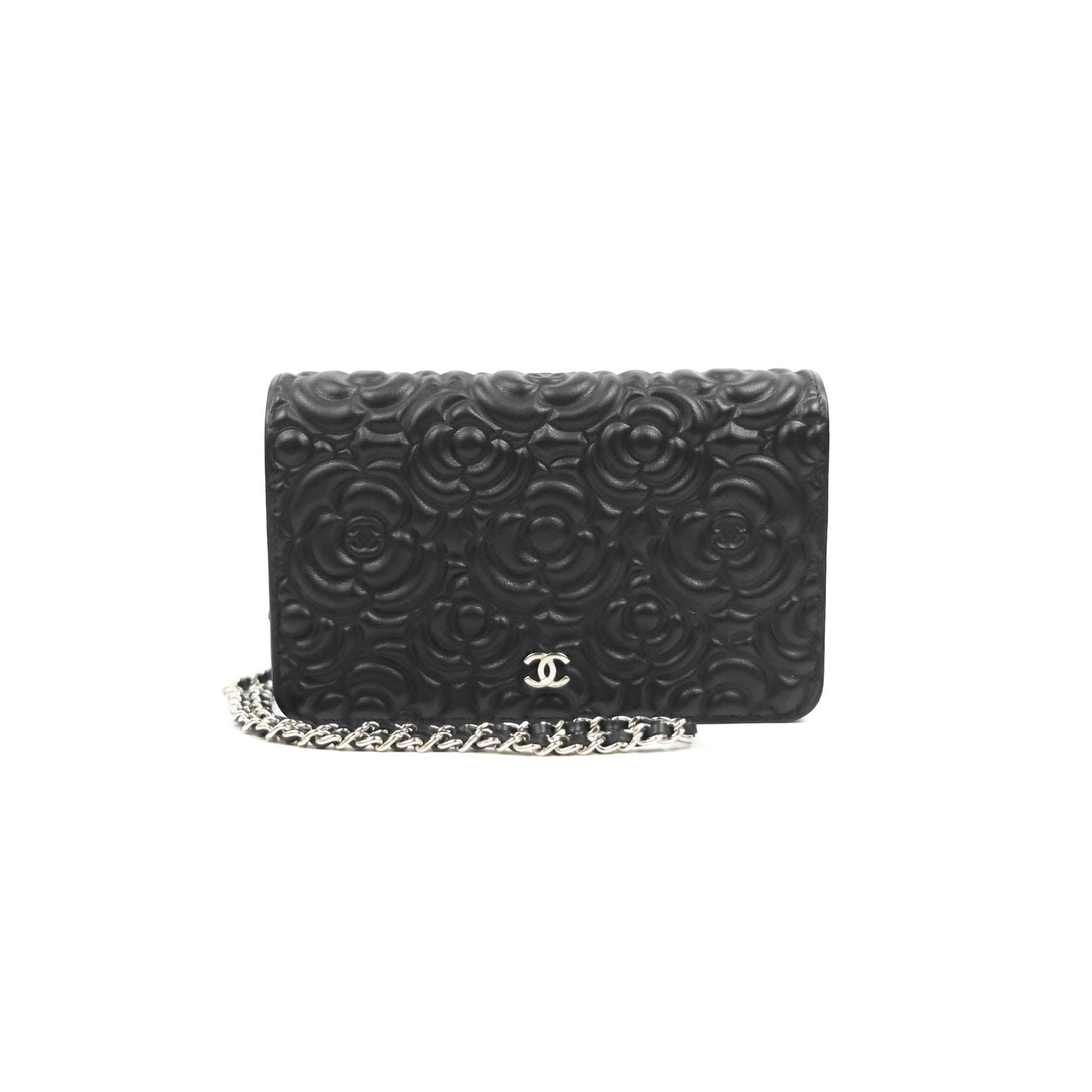 Chanel Camellia Wallet on Chain WOC Black Calfskin Silver Hardware