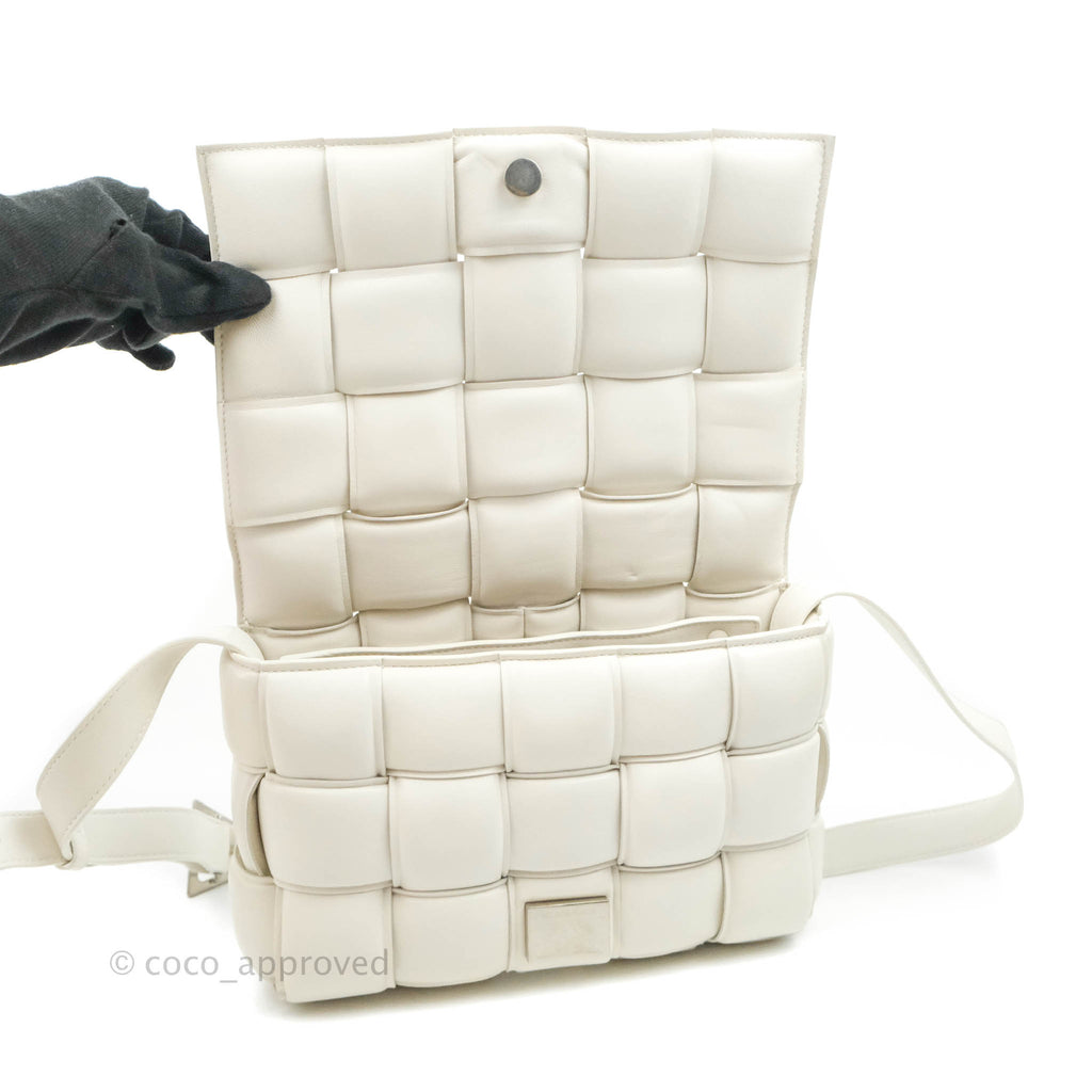 Bottega Veneta Padded Cassette Shoulder Bag Intrecciato White Lambskin Silver Hardware