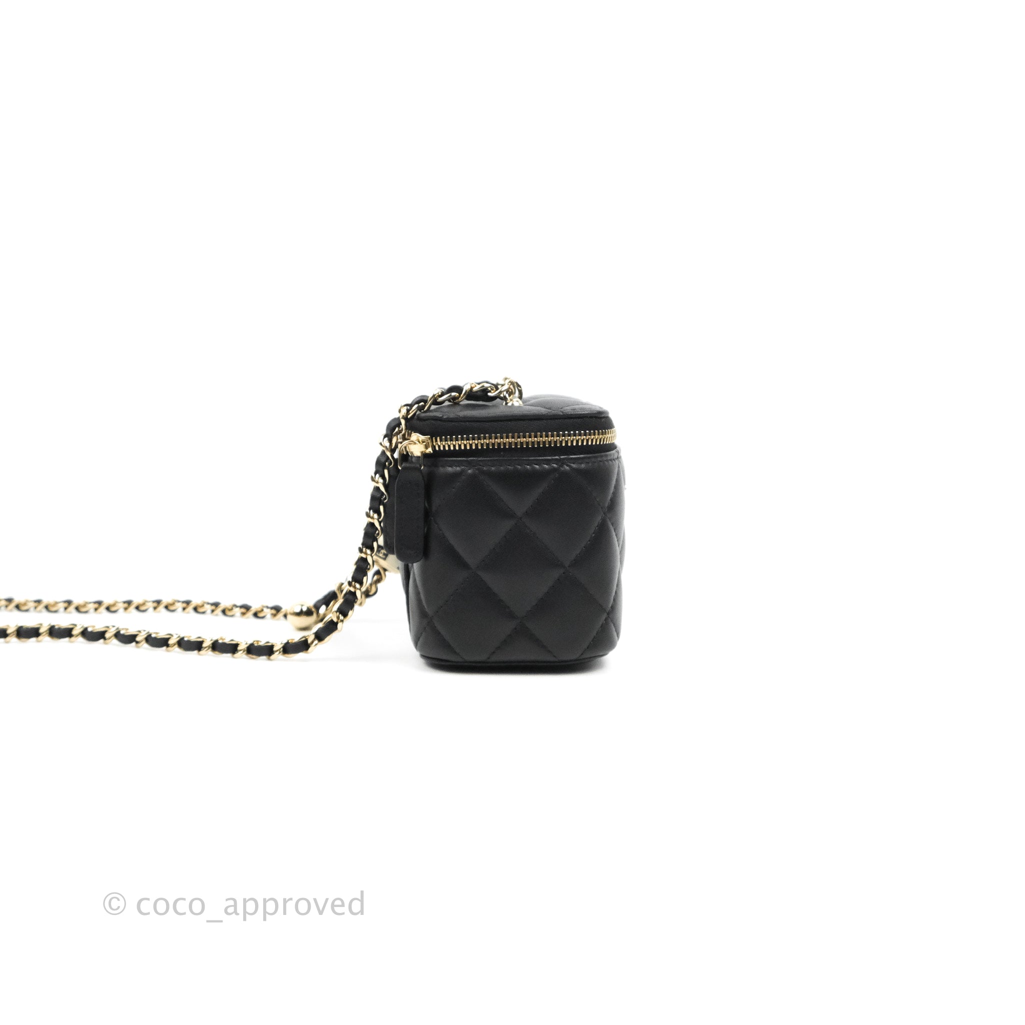 Chanel Mini Top Handle Vanity With Chain Black Lambskin Aged Gold Hard –  Coco Approved Studio