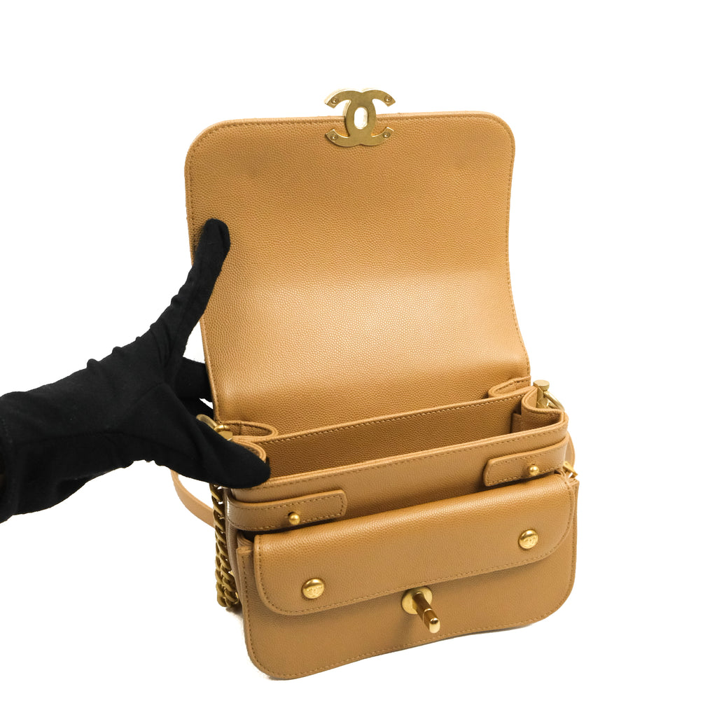 Chanel Mini Messenger Bag Beige Caviar Gold Hardware 21K