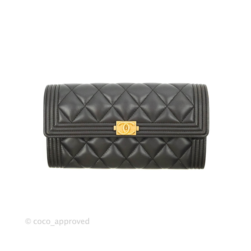 Chanel Quilted Boy Flap Long Wallet Dark Purple Lambskin Gold Hardware