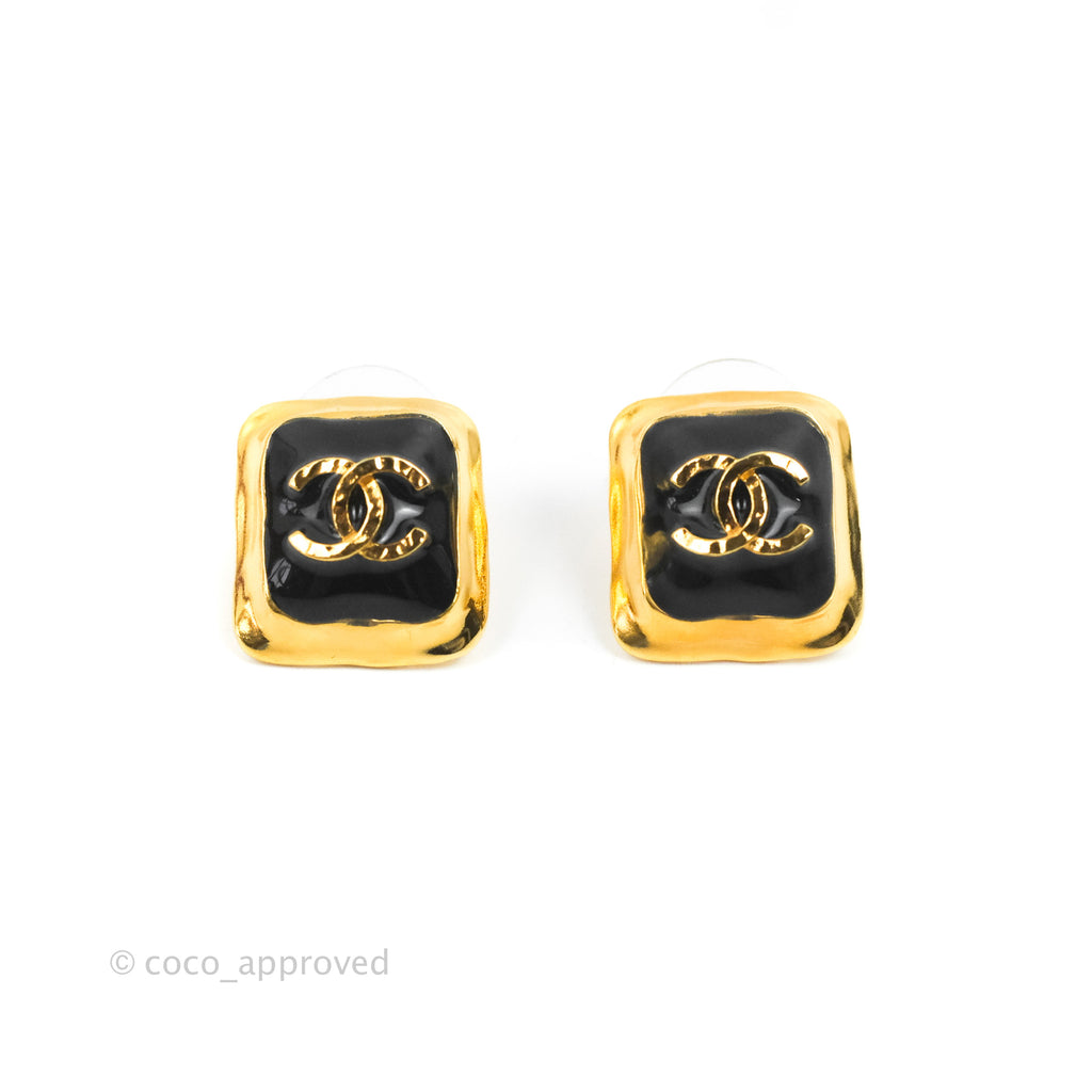 Chanel CC Square Metal Black Earrings Gold Tone 23C