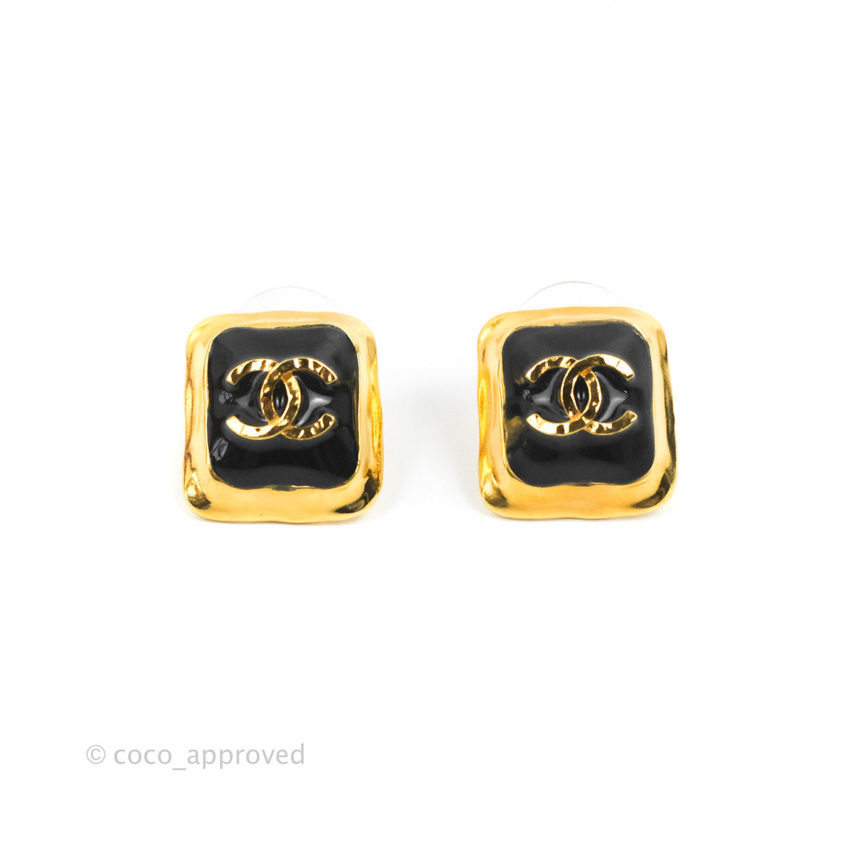 Black Leather and Gold Metal Square CC Earrings