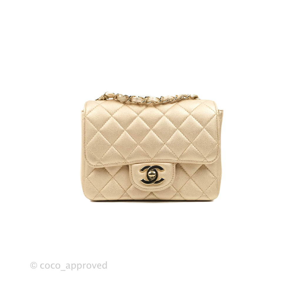 Chanel Classic Quilted Mini Square Flap Iridescent Gold Gold Hardware 21P