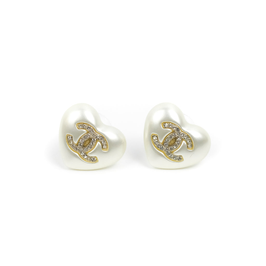 Chanel Pearl Heart Crystal CC Earrings 22V