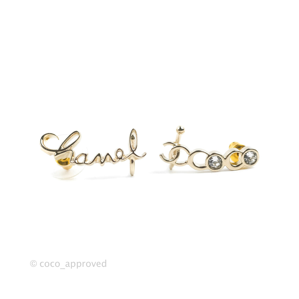 Chanel CC Coco Crystal Earrings Ear Clip Gold Tone 22P