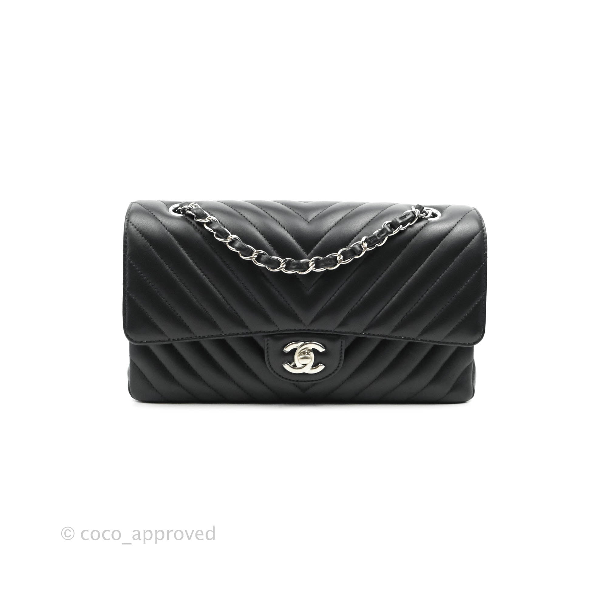 Chanel Classic M/L Medium Chevron Double Flap Black Lambskin Silver Hardware
