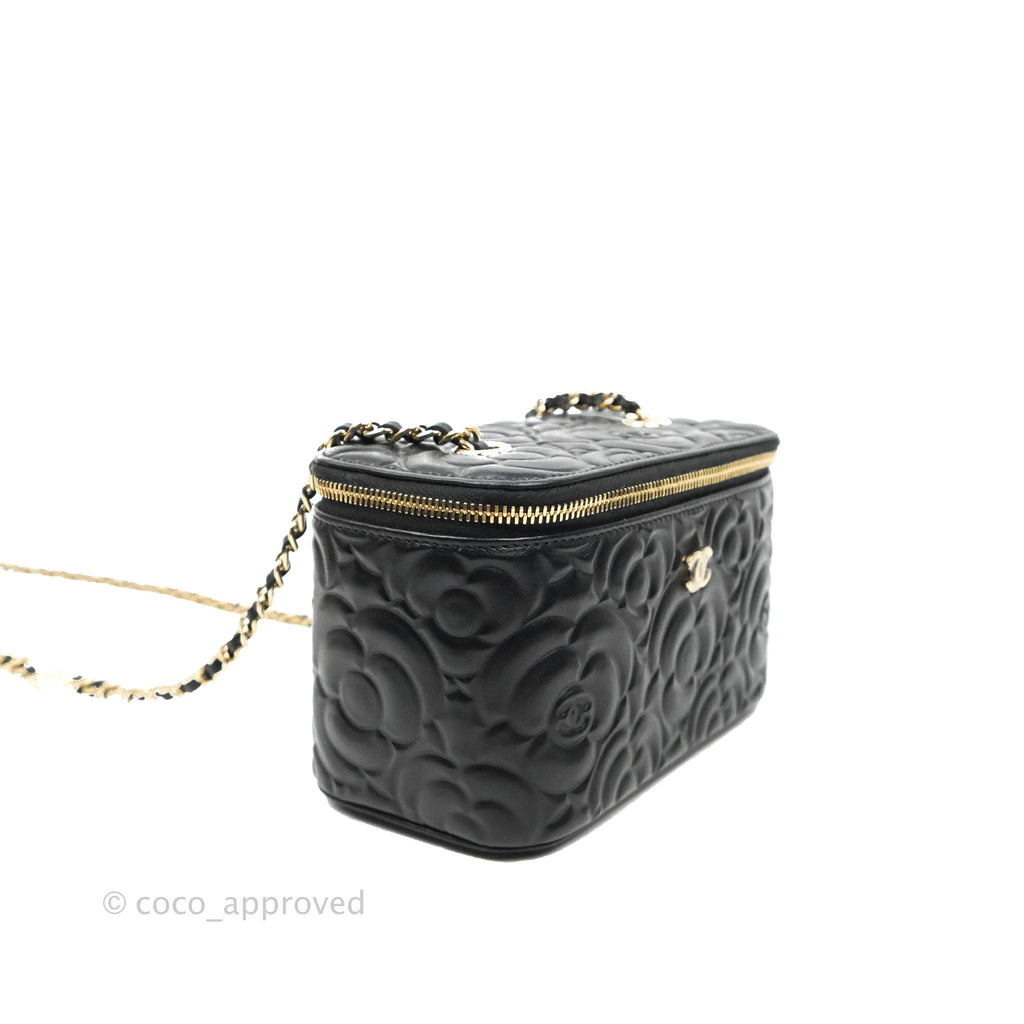 Chanel Vanity Rectangular Camellia Embossed Black Lambskin Gold Hardware