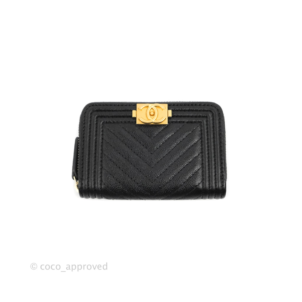 Chanel Chevron Boy Zip Card Holder Black Caviar Gold Hardware