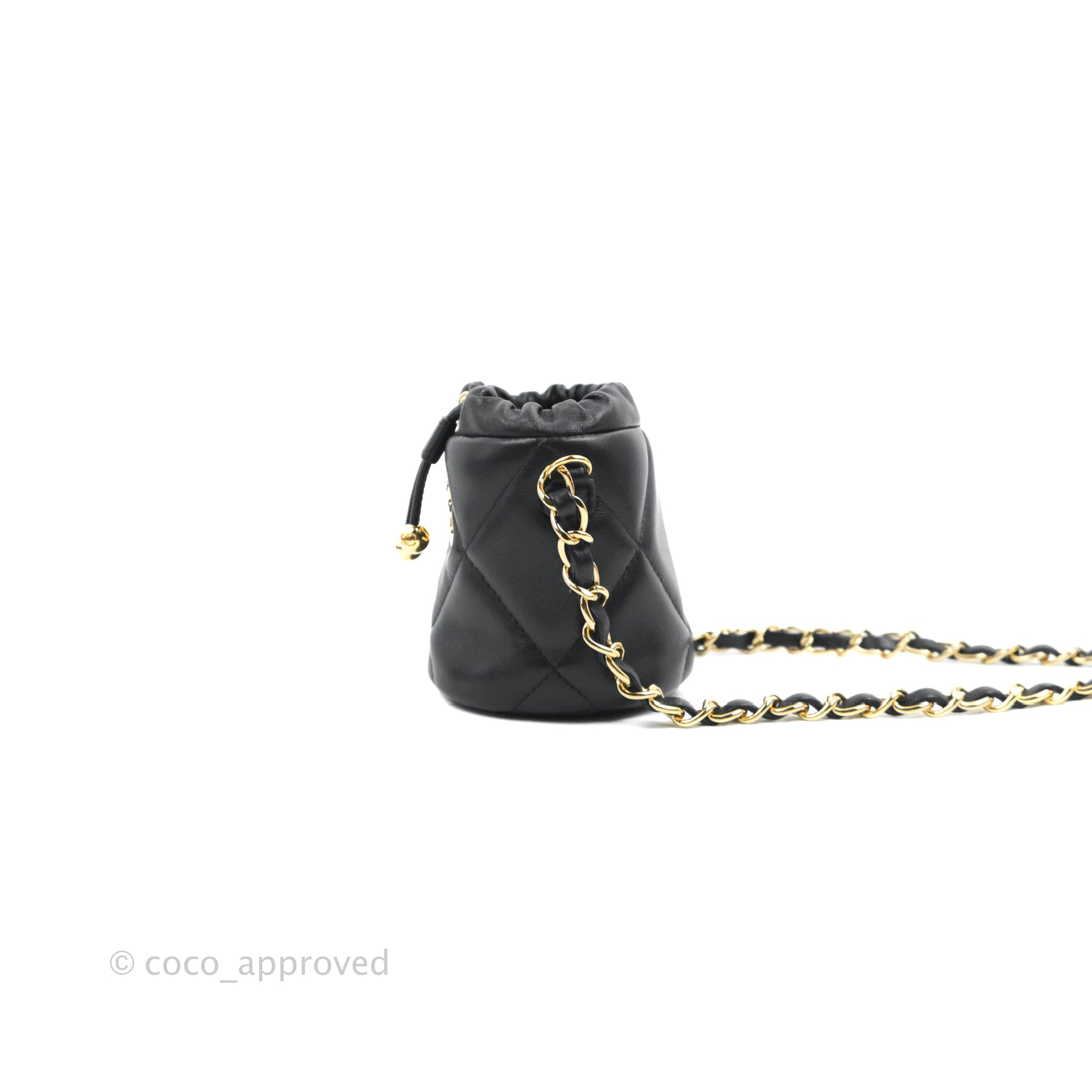 Chanel Vintage Black Lambskin Leather Mini Drawstring Bucket Crossbody Bag