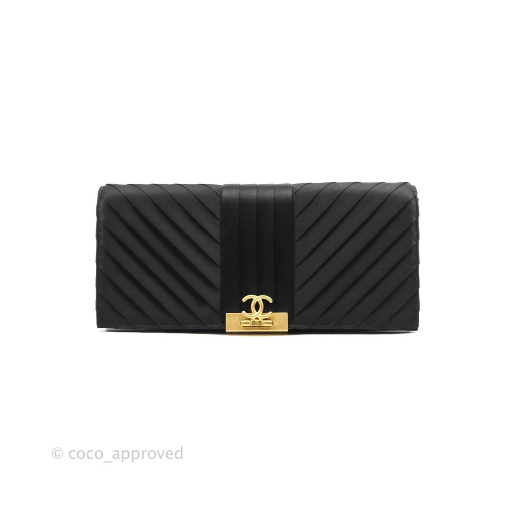 Chanel Pleated CC Flip Lock Black Satin Clutch Aged Gold Hardware 20C