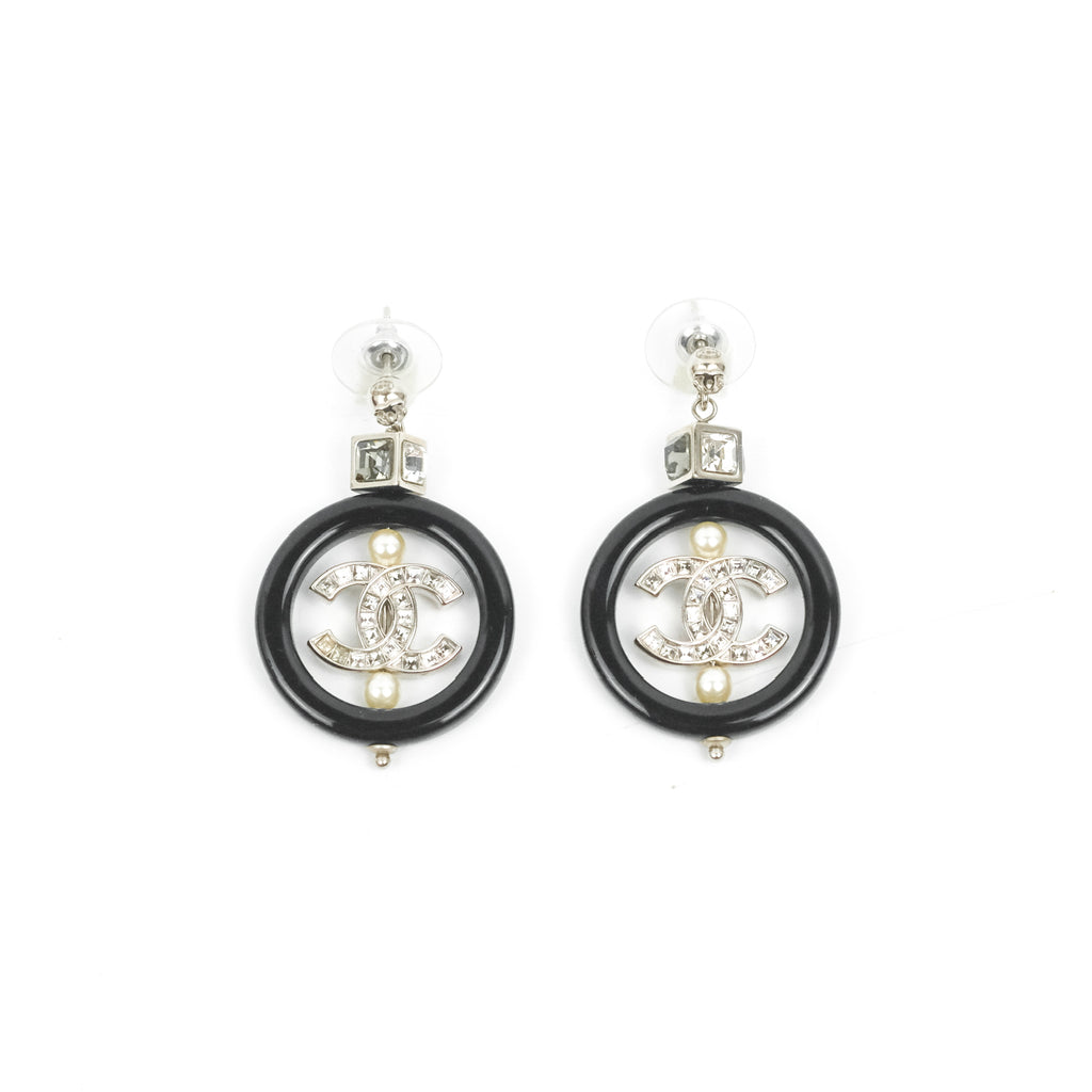 Chanel Crystal CC Black Round Drop Earrings 18B