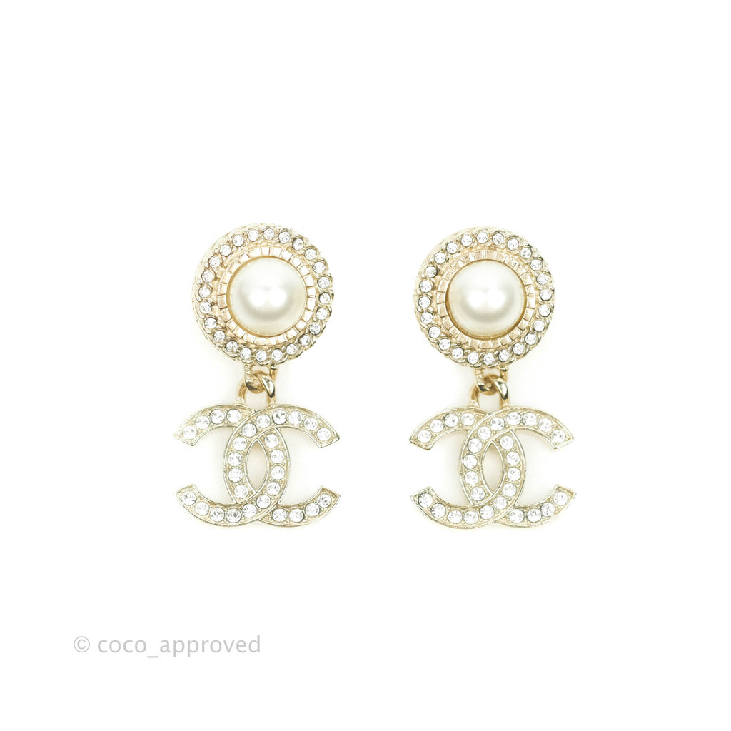 Chanel Round Rhinestone Pearl Drop CC Earrings Gold Tone 21B