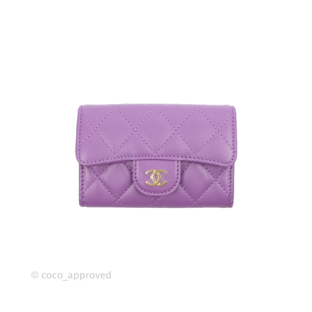 Chanel Quilted Flap Card Holder Purple Lambskin Gold Hardware