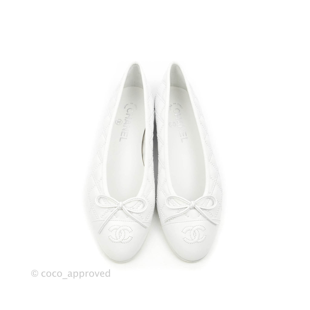 Chanel Pearl Quilted White Ballerina Flats Size 38