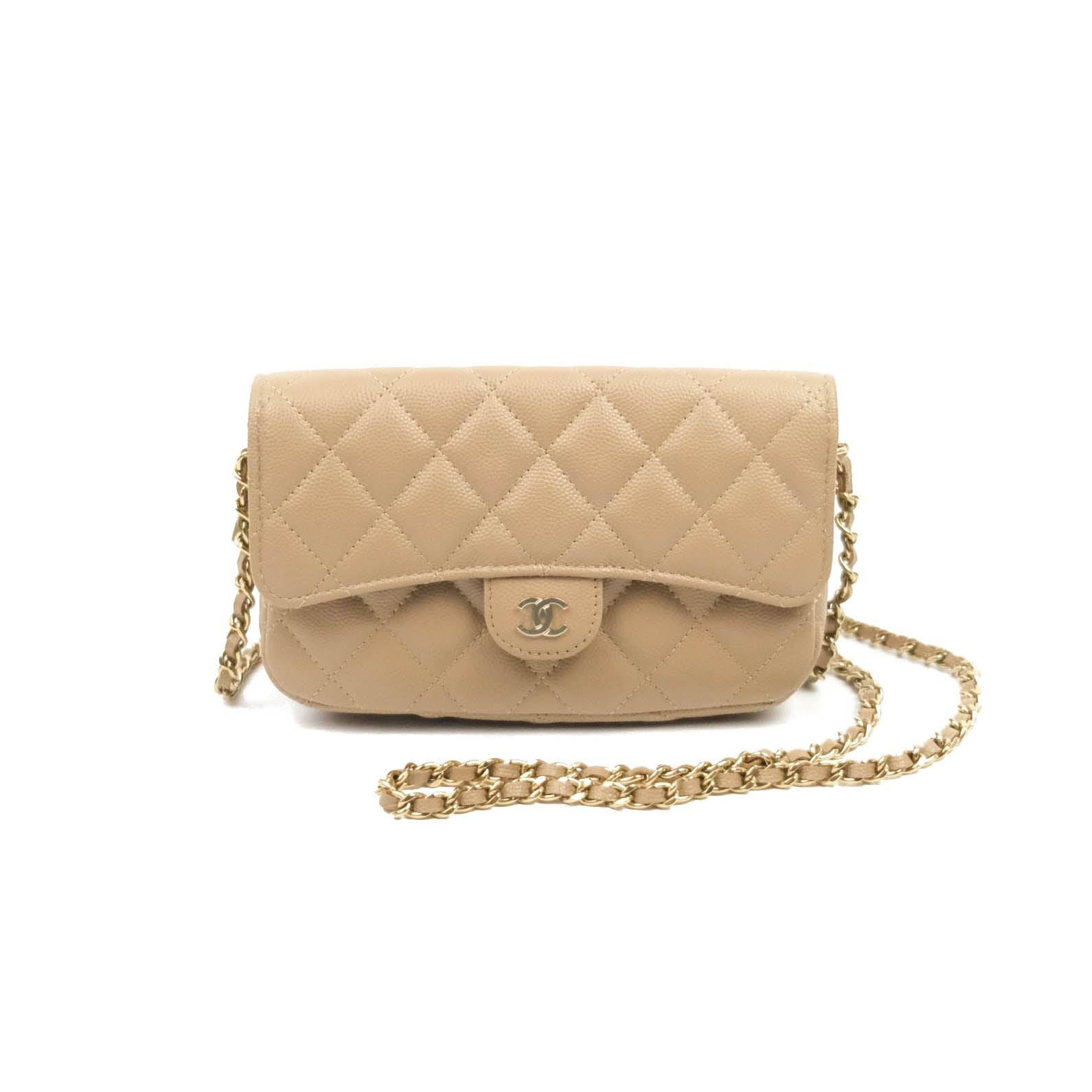 Chanel Classic Flap Phone Holder With Chain Dark Beige Caviar Gold Hardware  22A