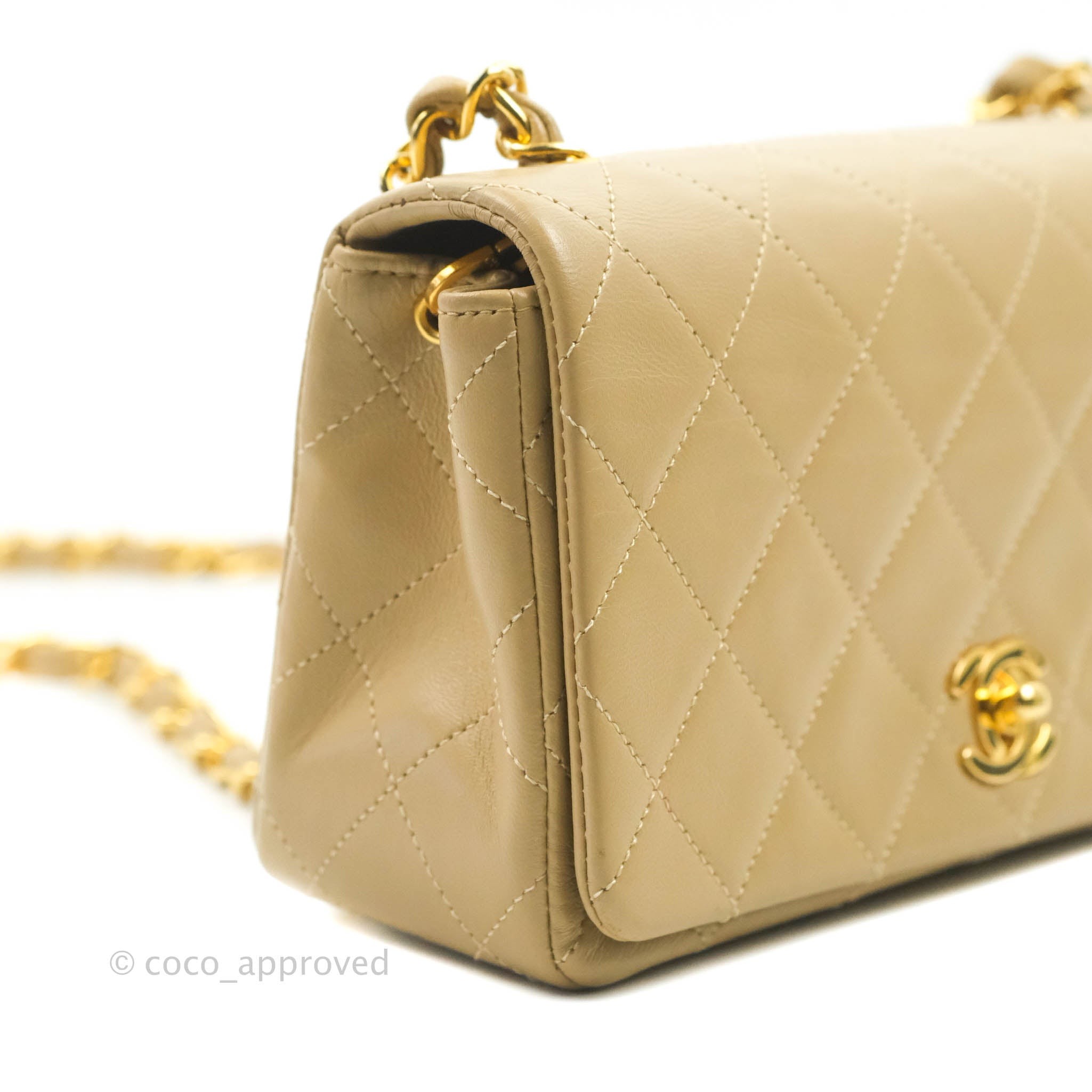 Chanel Vintage Small Single Full Flap Bag Beige Lambskin 24K Gold Hardware