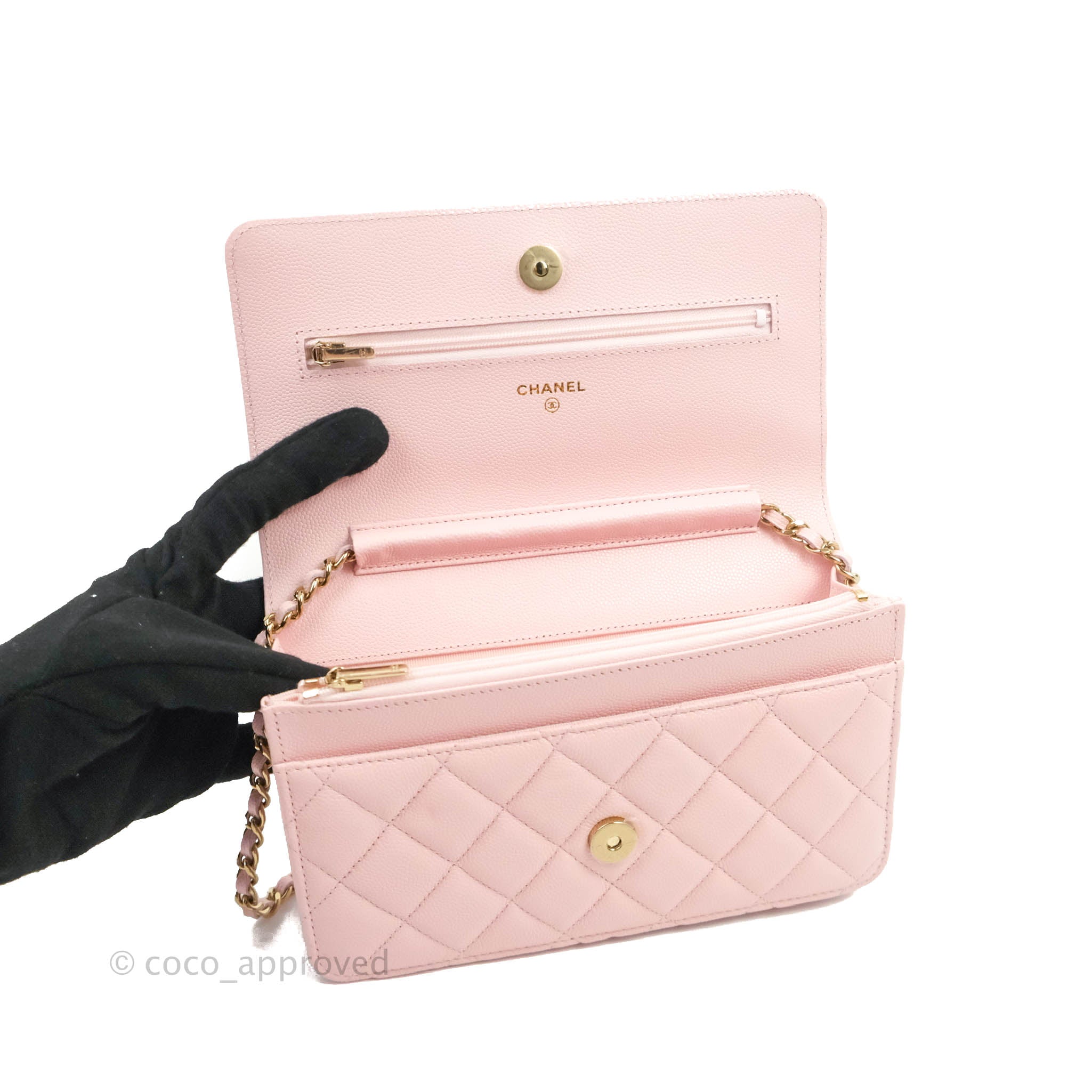 Chanel Quilted Classic Wallet on Chain WOC Light Pink Caviar Gold Hard –  Coco Approved Studio