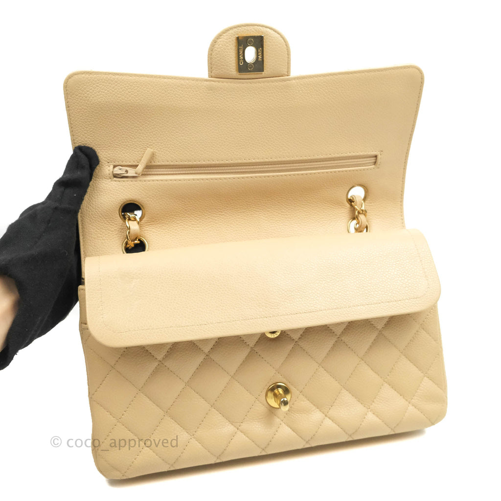 Chanel Classic Medium Flap Quilted Beige Caviar Gold Hardware