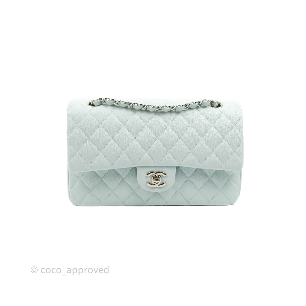 Chanel Quilted Classic M/L Medium Flap Light Blue Caviar Silver Hardware