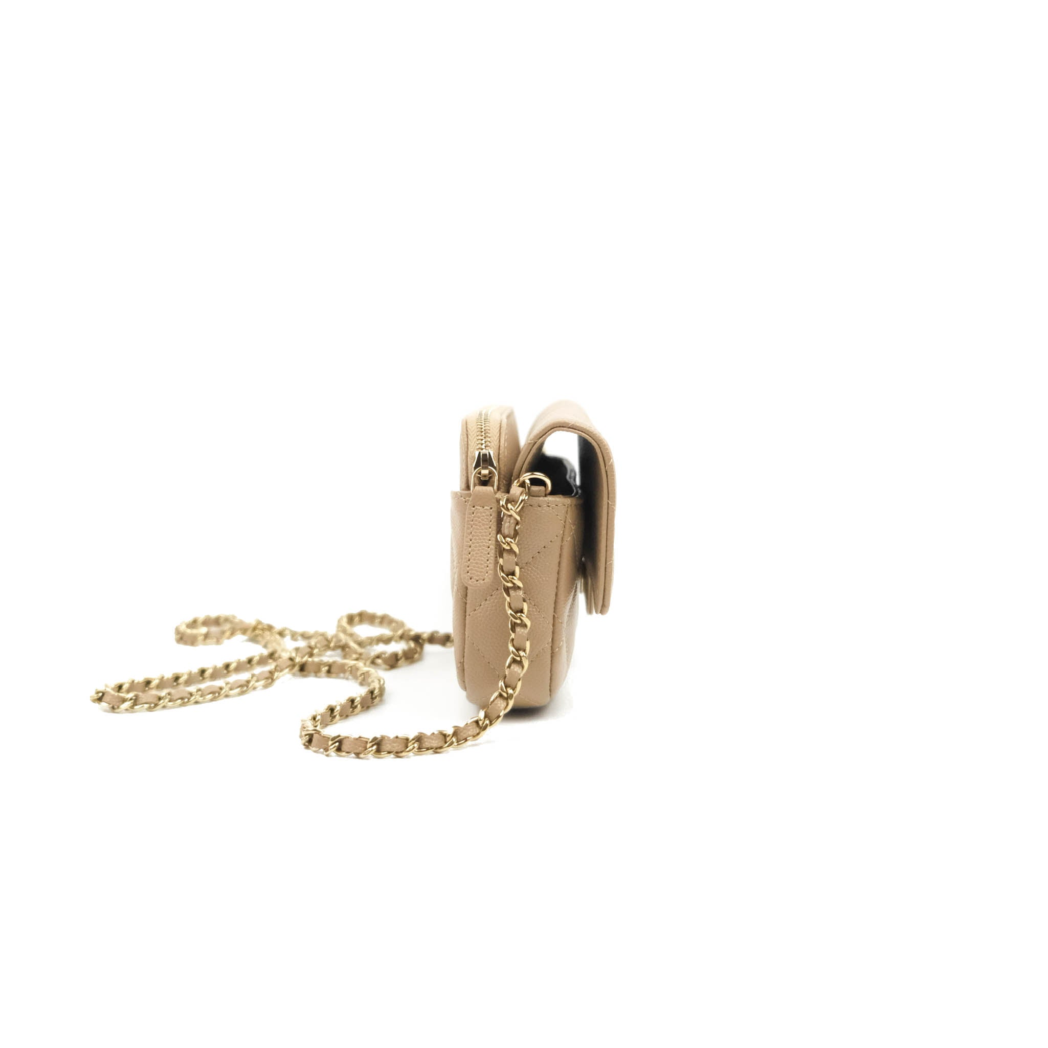 Flap phone holder with chain - Lambskin & gold-tone metal, light brown —  Fashion | CHANEL