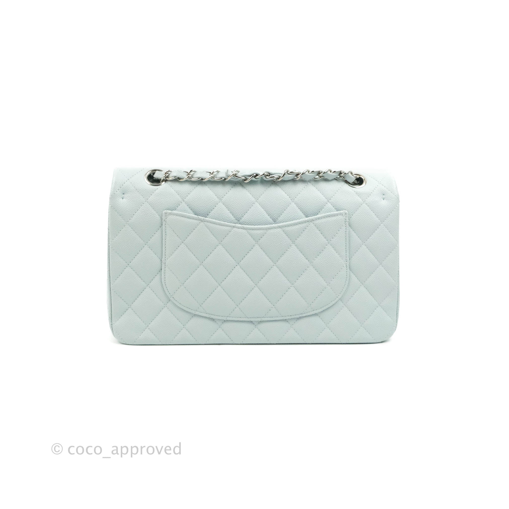 Chanel Quilted Classic M/L Medium Flap Light Blue Caviar Silver Hardwa –  Coco Approved Studio