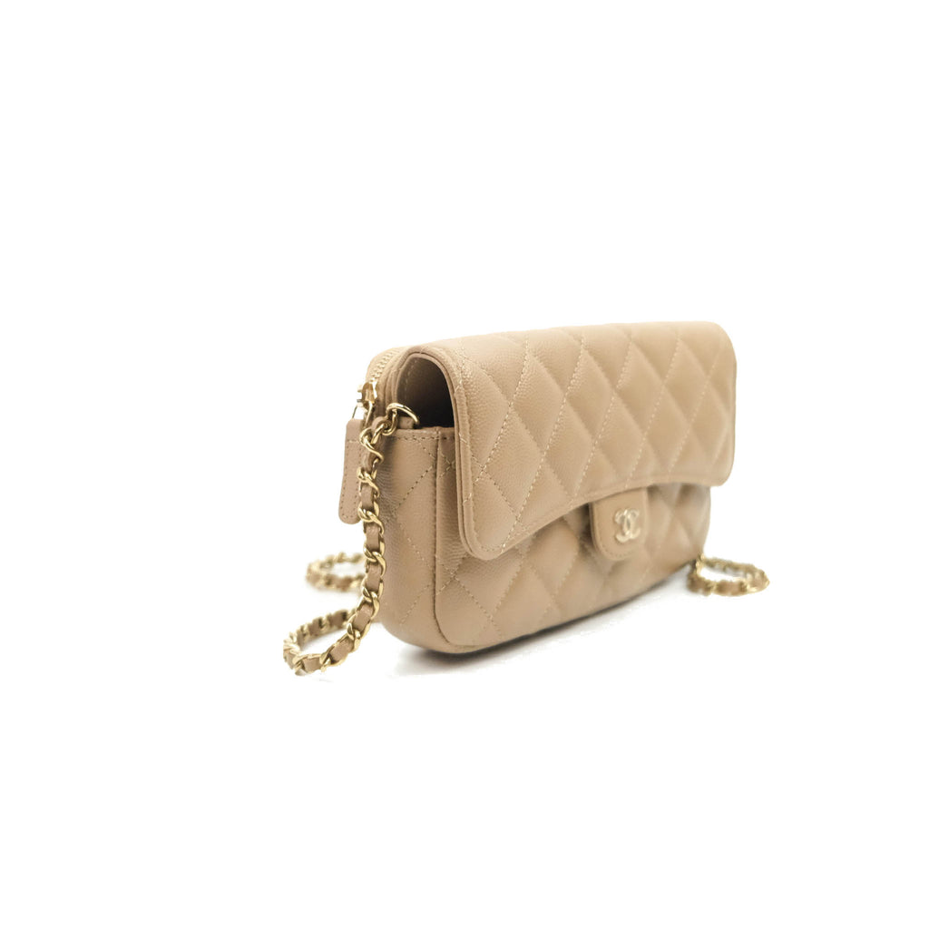 Chanel Classic Flap Phone Holder With Chain Beige Caviar Gold Hardware