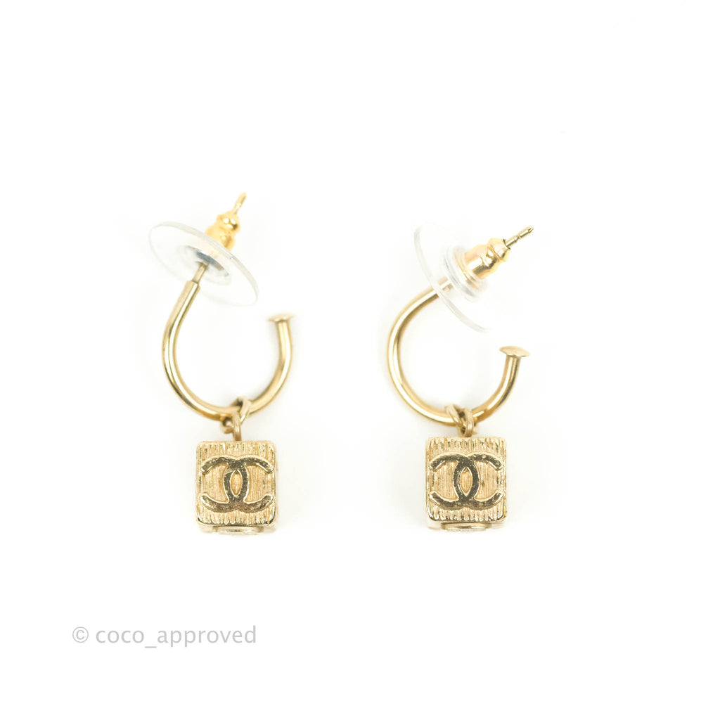 Chanel Square CC Earrings Gold Tone 10P