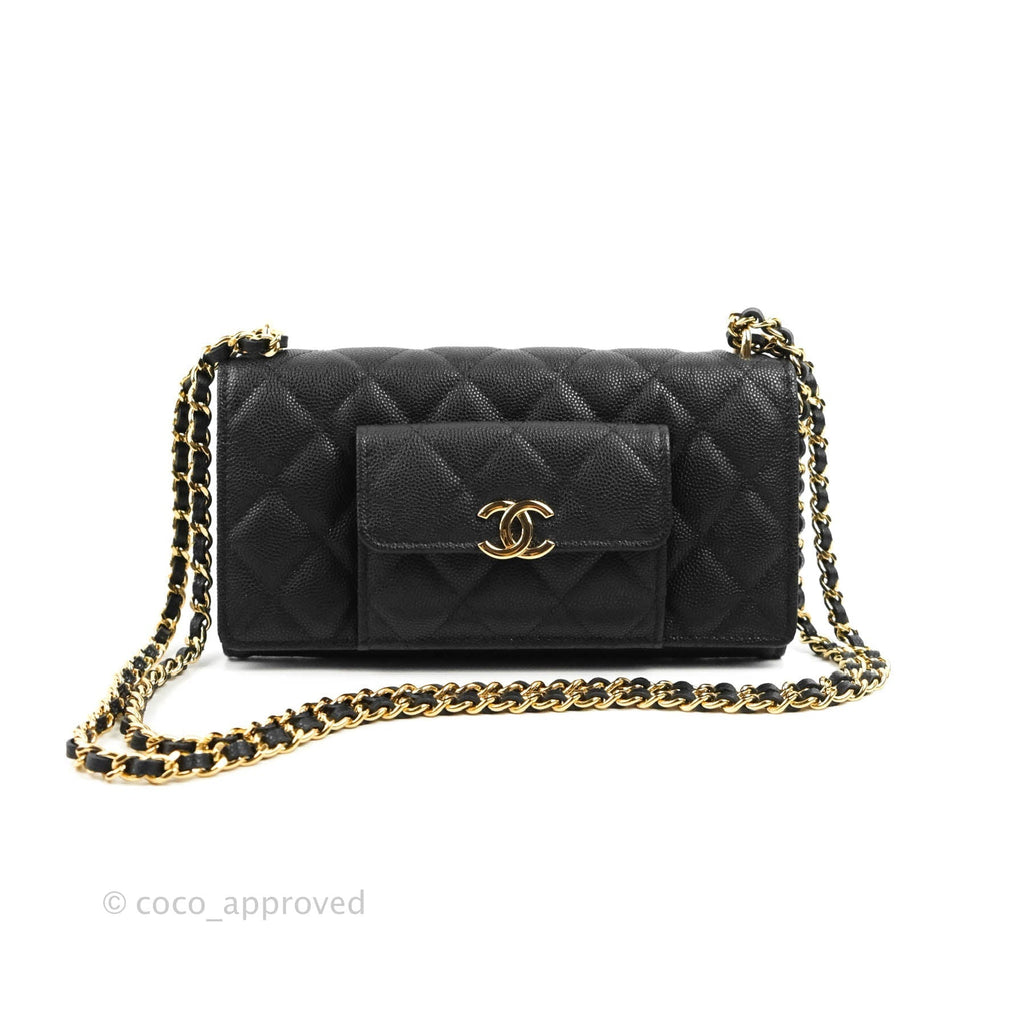 Chanel Quilted Pocket Long Wallet On Chain Black Caviar Gold Hardware 22A