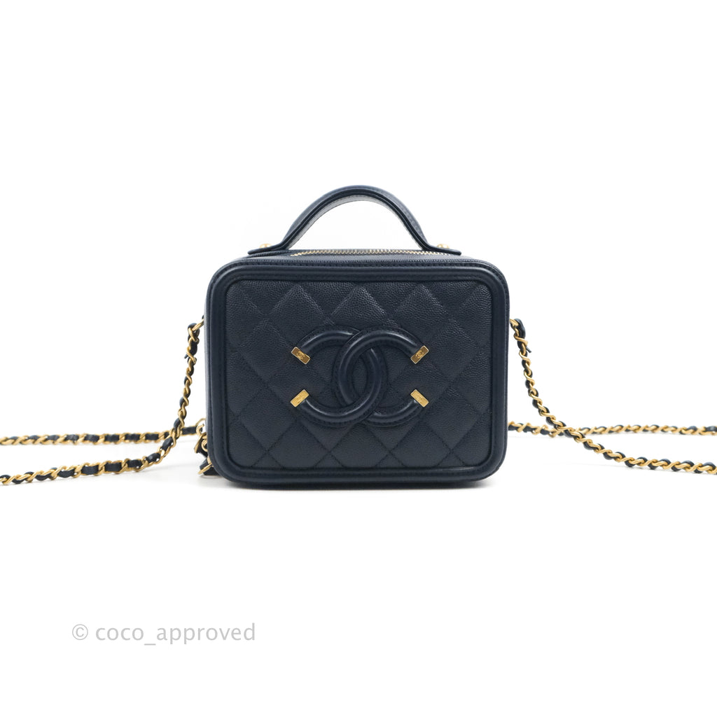 Chanel Quilted Small CC Filigree Vanity Case Navy Caviar Gold Hardware