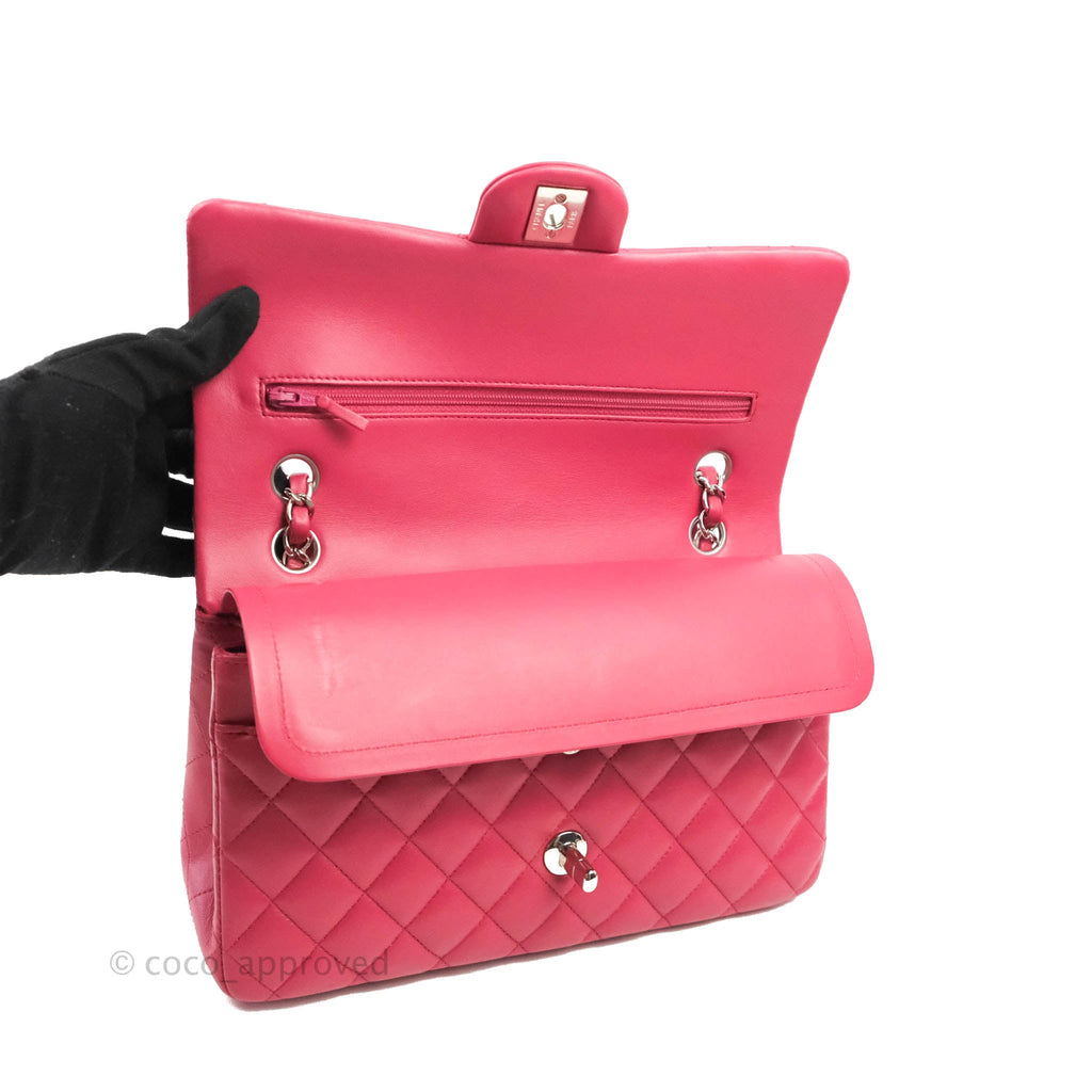 Chanel Classic Quilted M/L Medium Flap Dark Pink Lambskin Silver Hardware