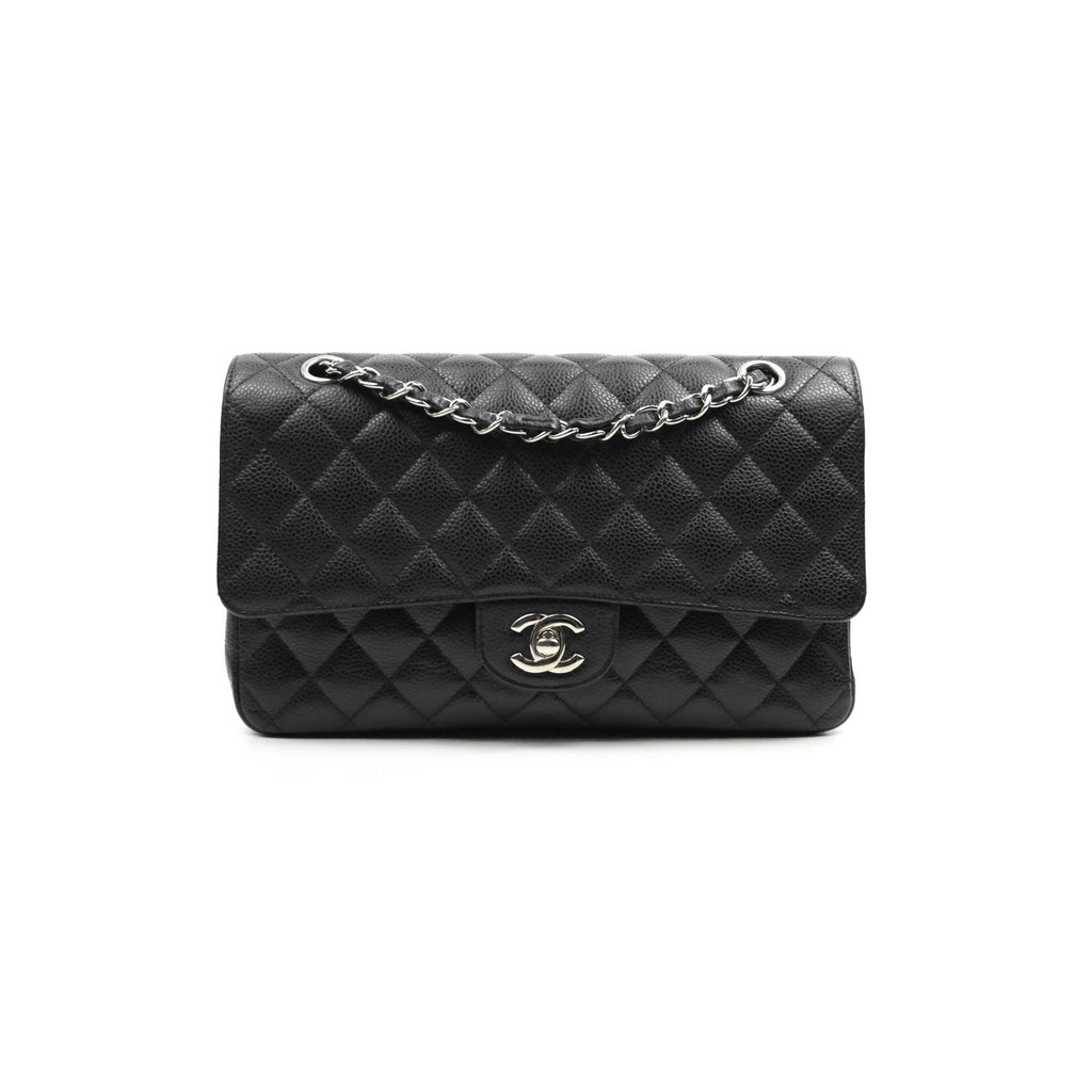 Chanel Quilted M/L Medium Double Flap Black Caviar Silver Hardware