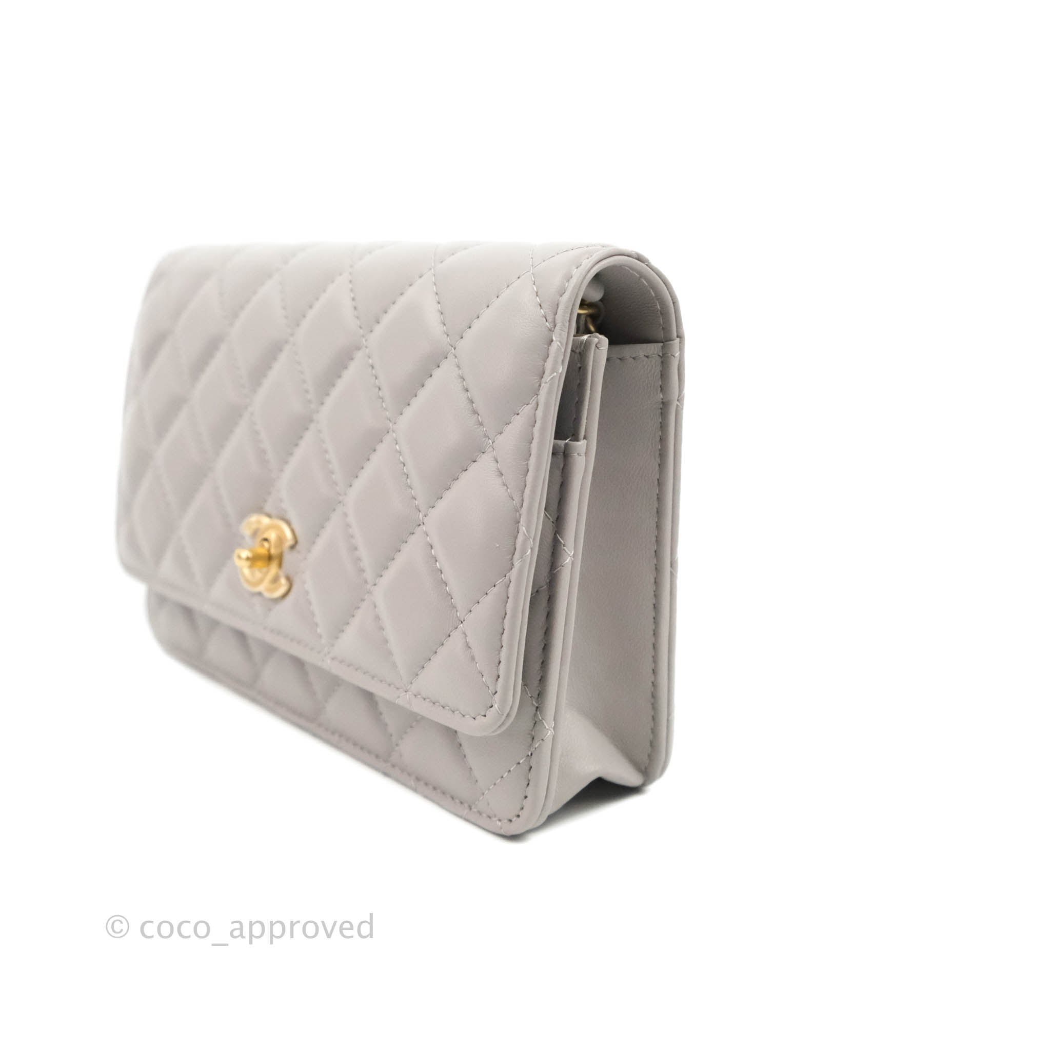 Chanel Quilted Pearl Crush Wallet on Chain WOC Grey Lambskin Aged Gold –  Coco Approved Studio