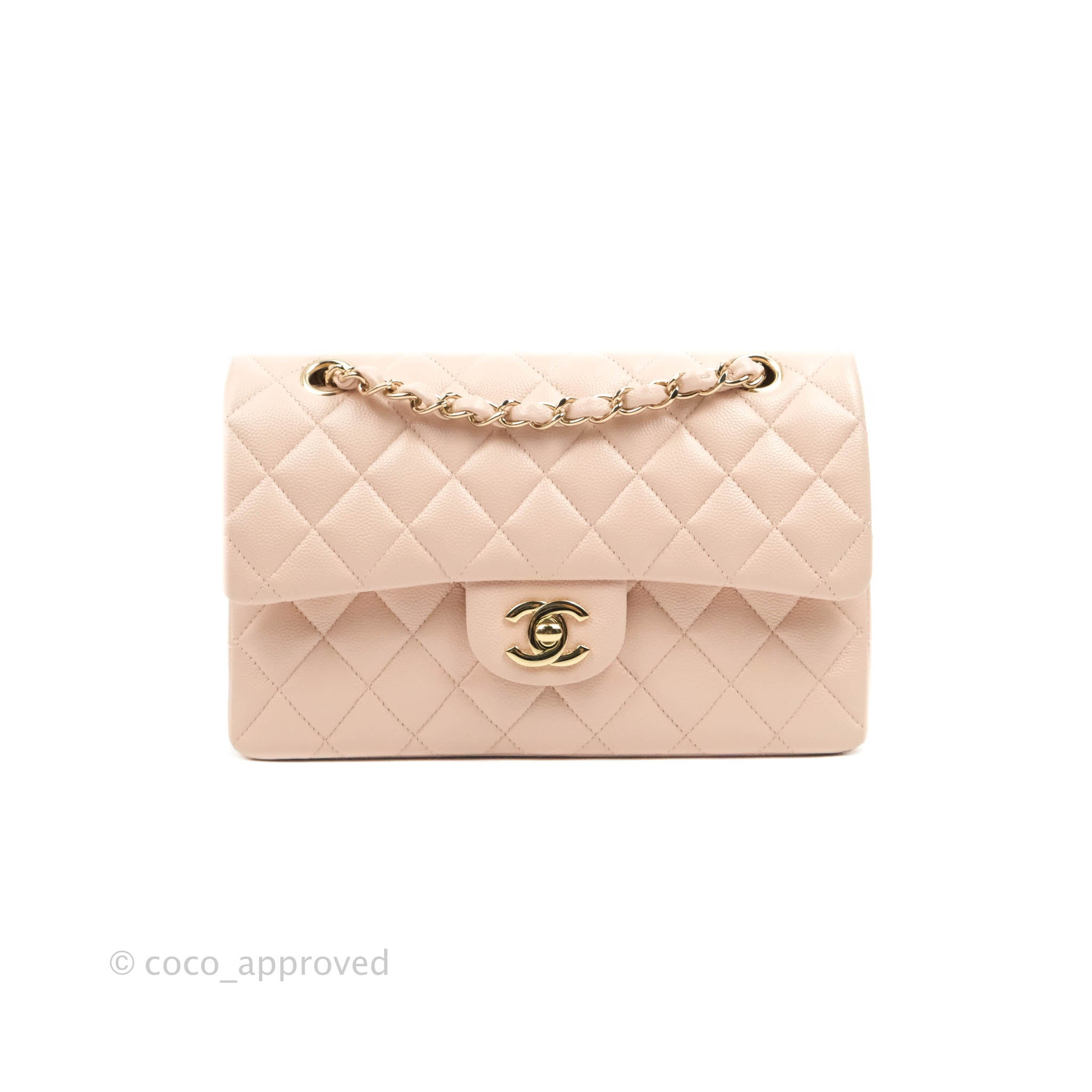 Chanel Small Classic Quilted Flap Rose Clair Pink Caviar Gold