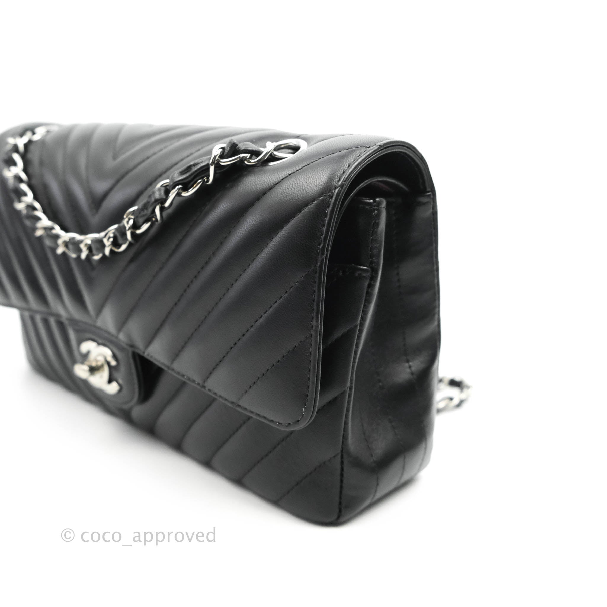 Chanel Classic M/L Medium Chevron Double Flap Black Lambskin Silver Ha –  Coco Approved Studio