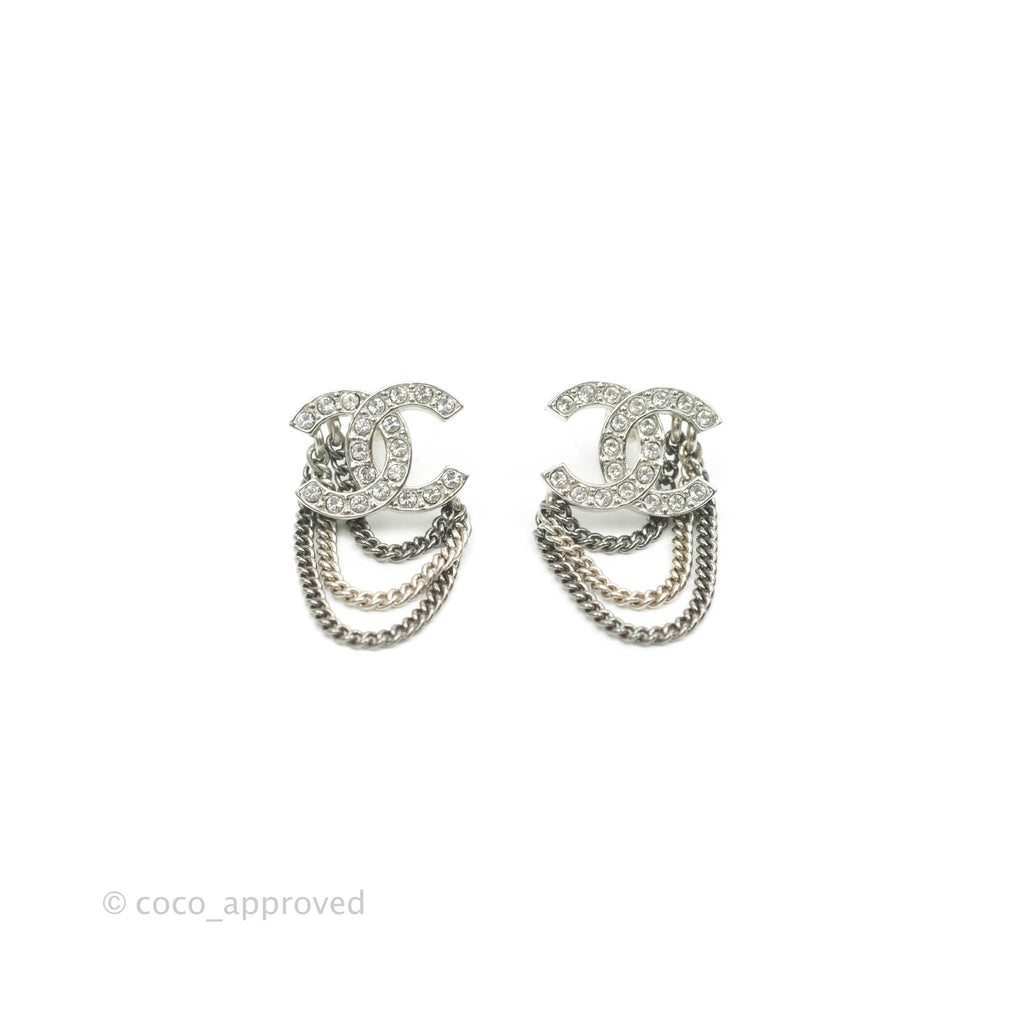 Chanel Crystal CC Chain Earrings Silver Tone 21B