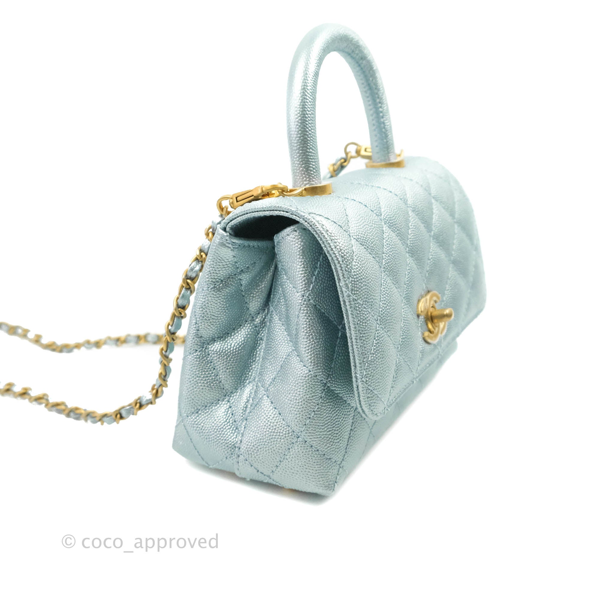 CHANEL iridescent blue caviar Mini Coco Handle Bag aged gold HW